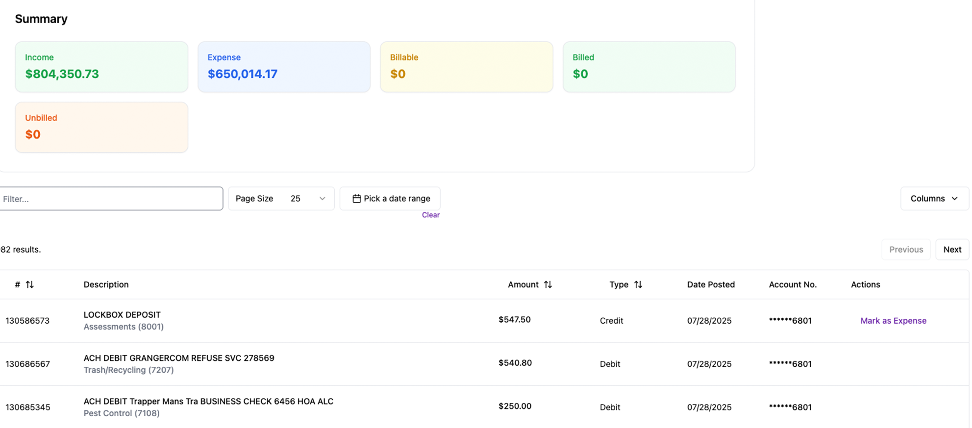 Real-time debit and credit transaction list